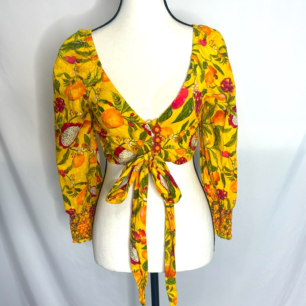 FARM Rio | Banana Leaf & Dragon Fruit Print Cotton Crop top - Picture 2 of 5